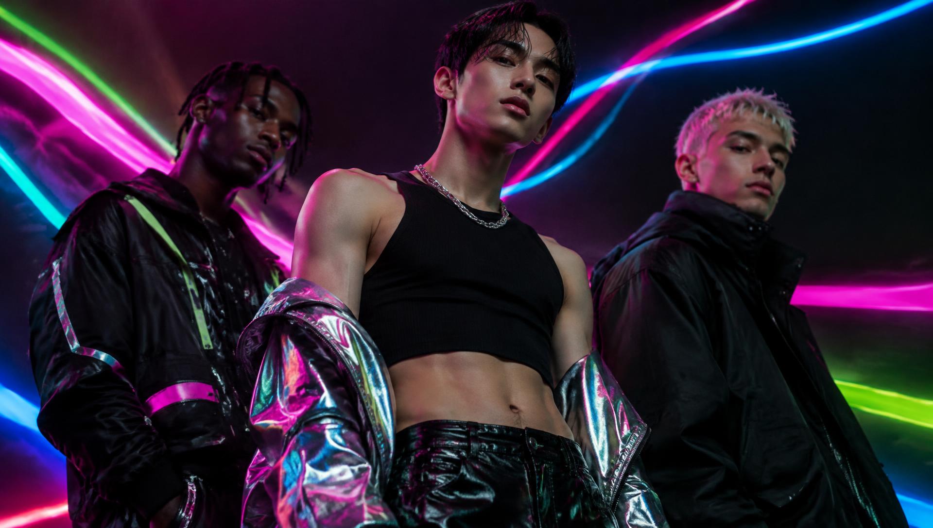 Models in bold streetwear under rainbow neon